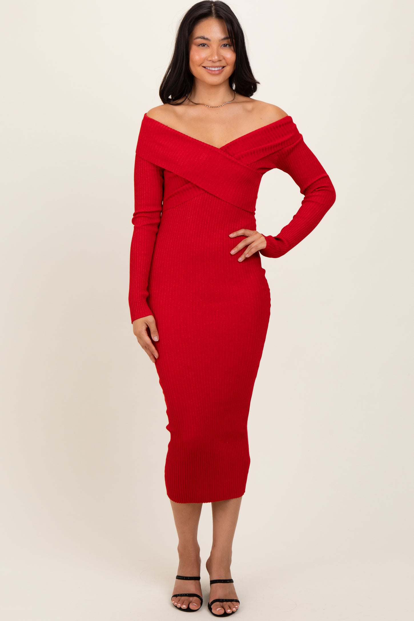 red ribbed off the shoulder dress Ladies - Burgundy Rib-knit off-the-shoulder dress - Size: XL