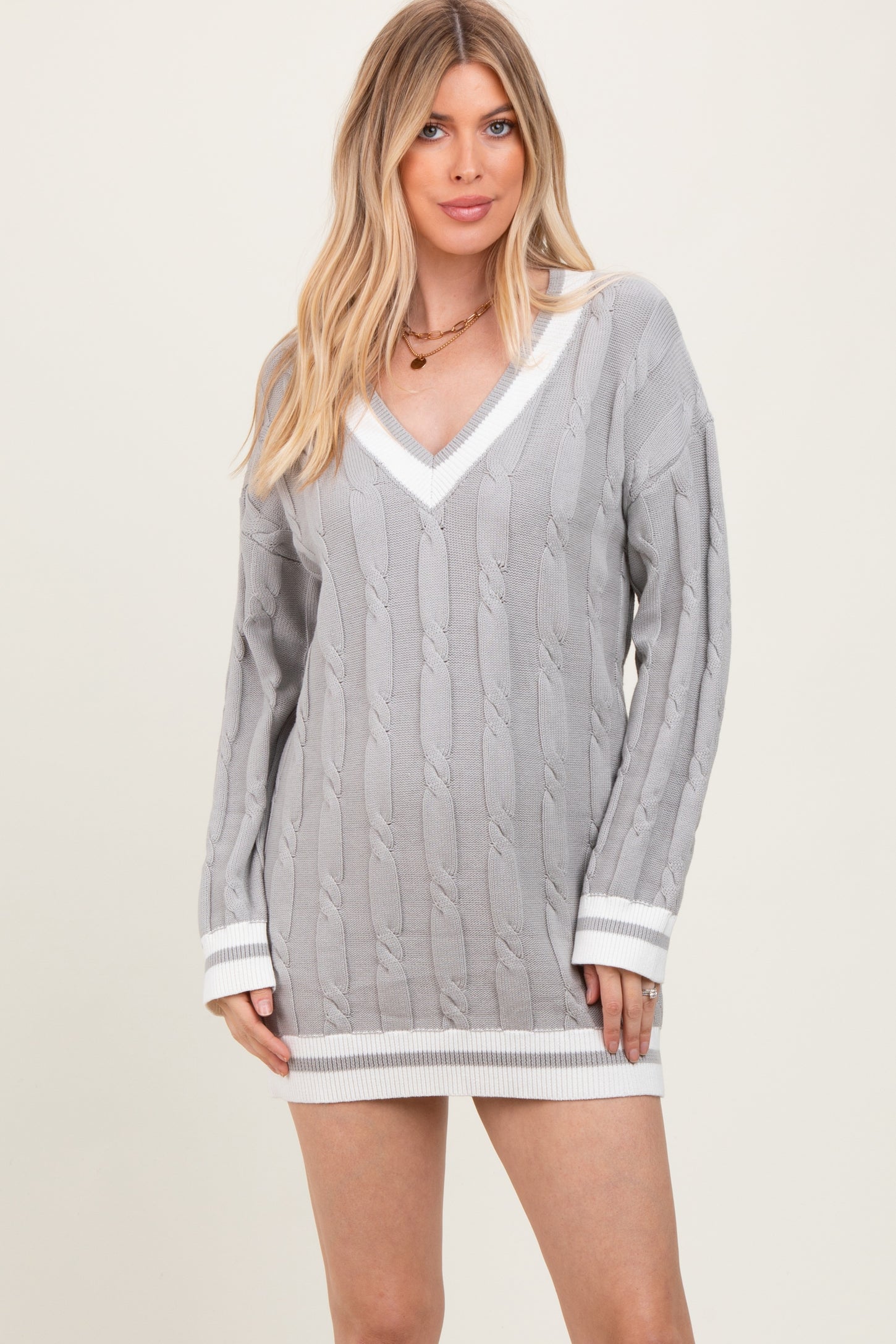 Heather Grey Cable Knit Maternity Sweater Mini Dress
