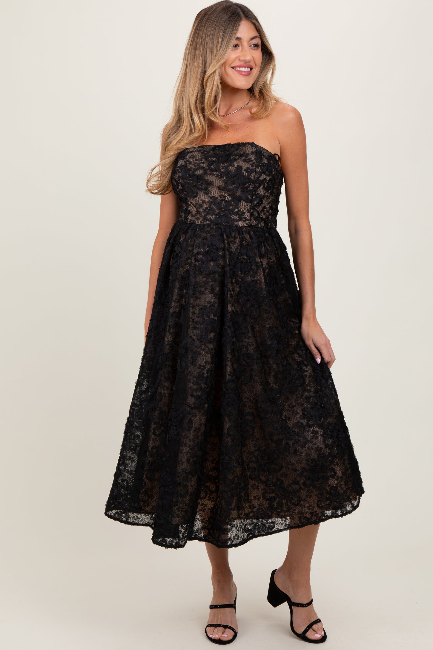Black Floral Lace Embroidered Overlay Strapless Maternity Midi Dress PinkBlush Black Floral Lace Embroidered Overlay Strapless Maternity Midi Dress PinkBlush