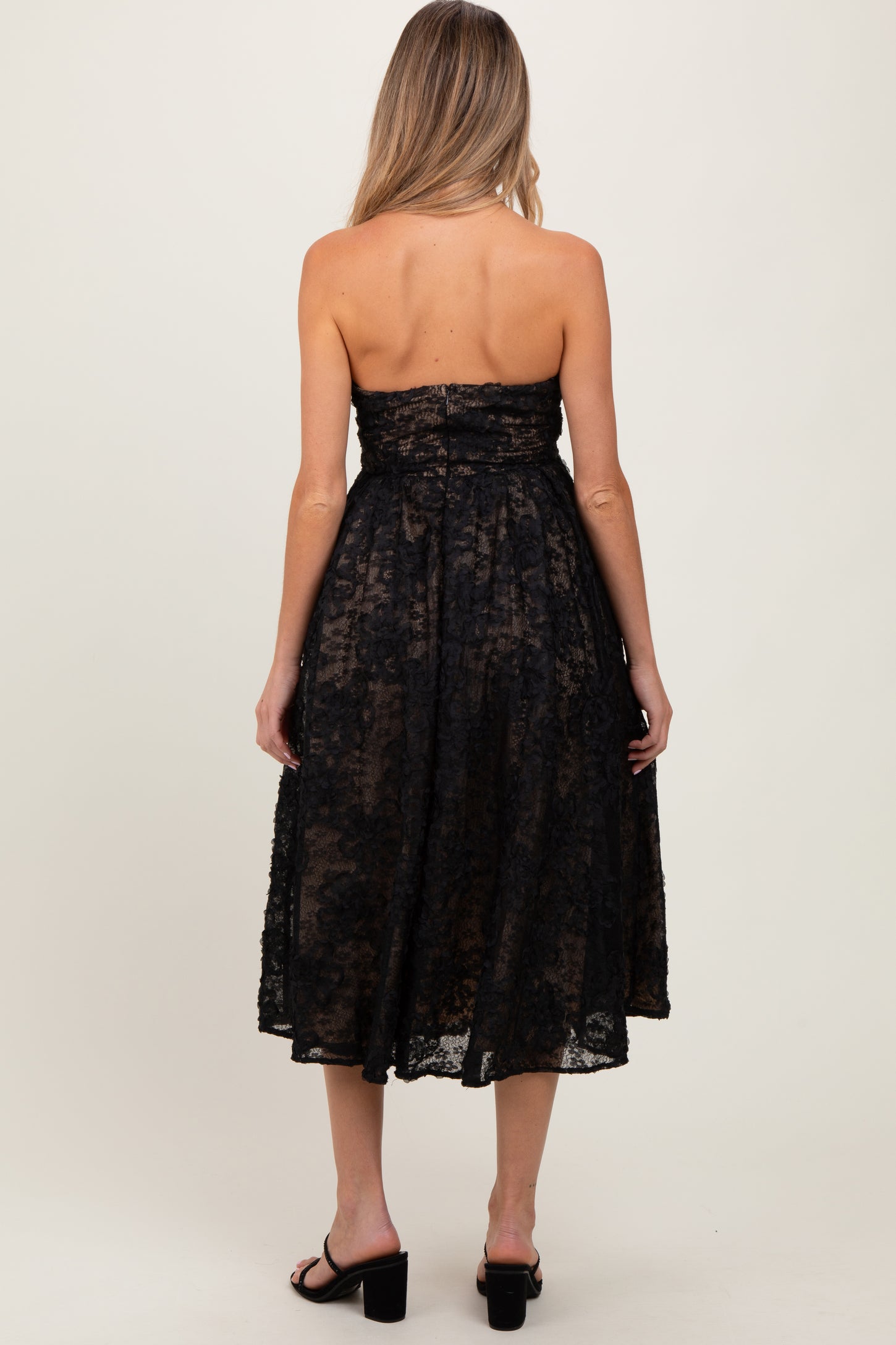 Black Floral Lace Embroidered Overlay Strapless Maternity Midi Dress Black Floral Lace Embroidered Overlay Strapless Maternity Midi Dress