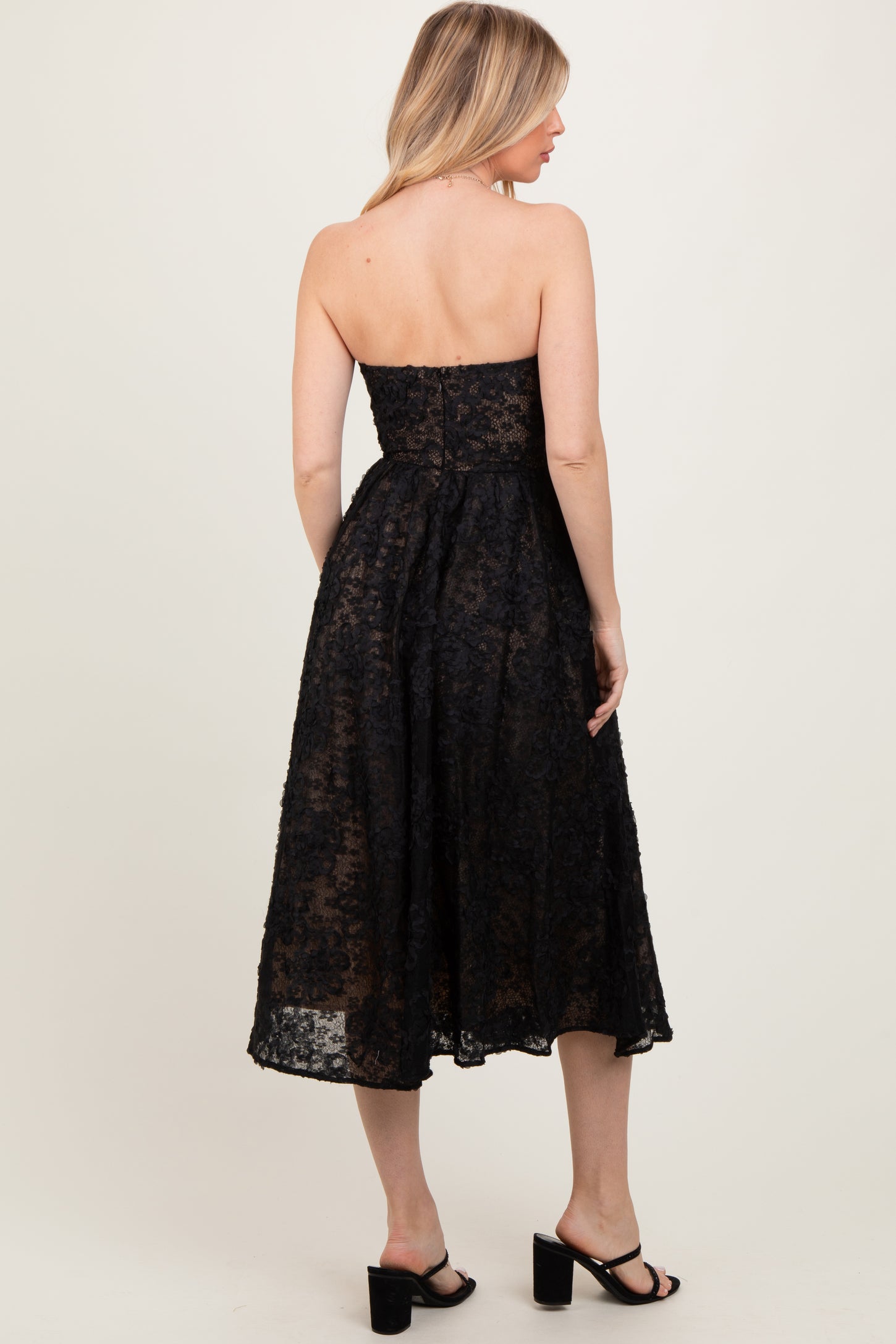 Black Floral Lace Embroidered Overlay Strapless Midi Dress PinkBlush Black Floral Lace Embroidered Overlay Strapless Midi Dress PinkBlush