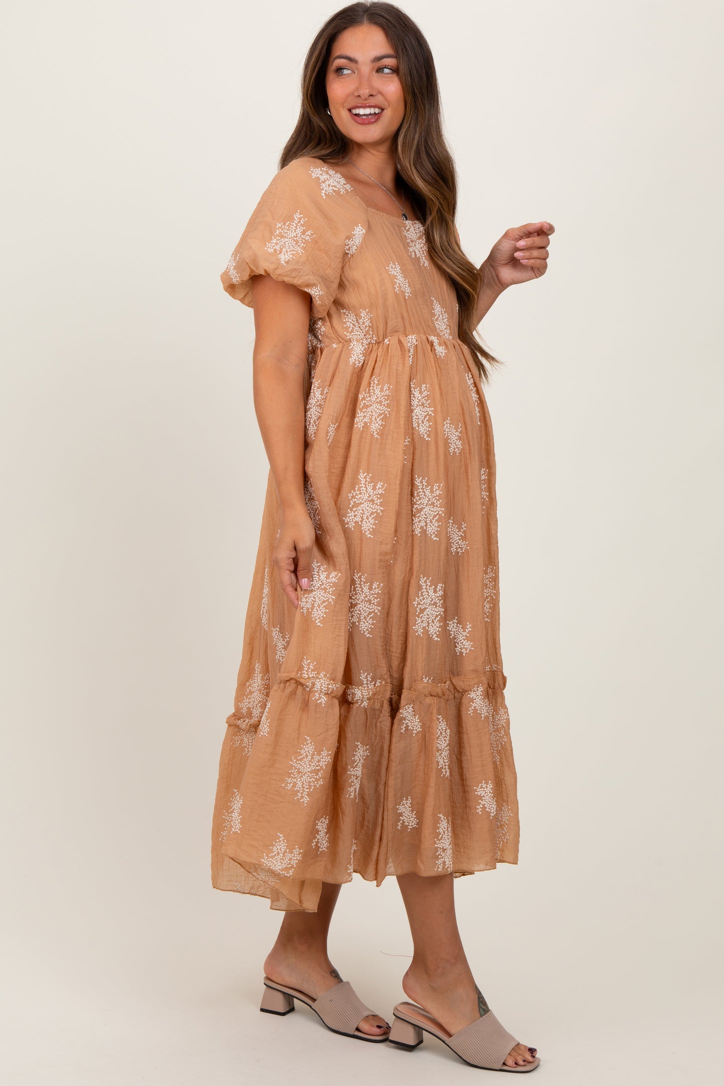 Camel Floral Print Ruffle Hem Maternity Midi Dress