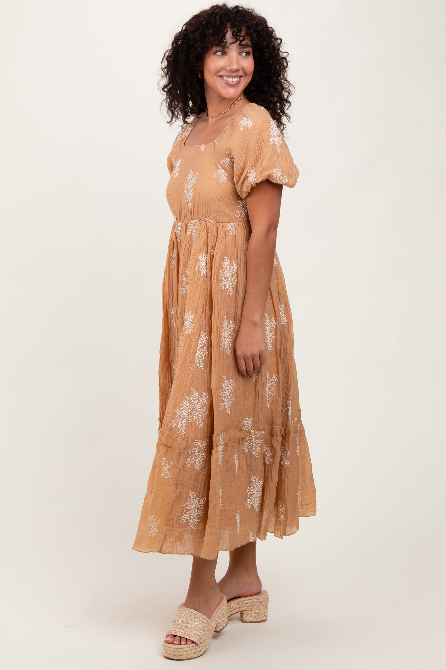 Camel Floral Print Ruffle Hem Midi Dress