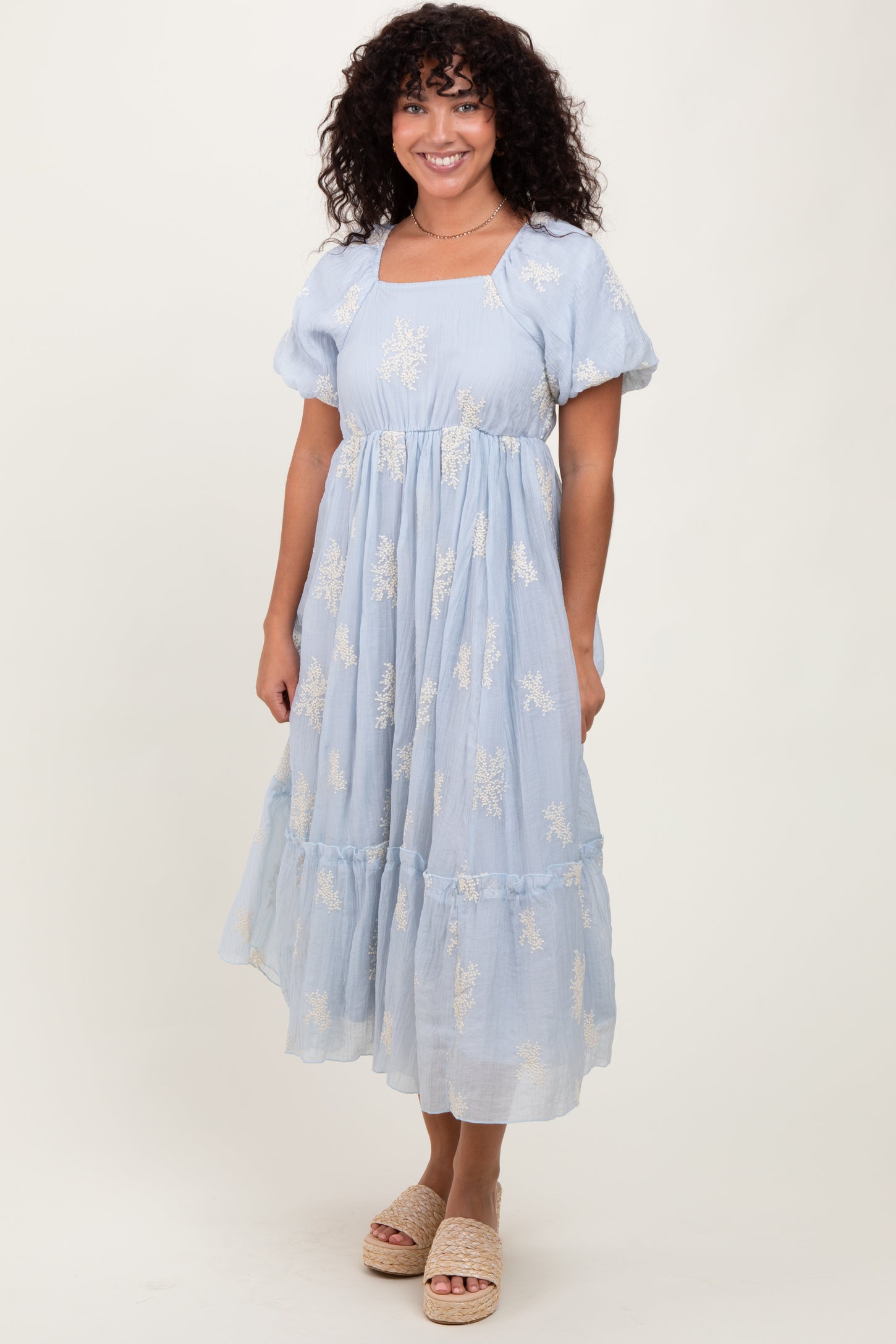 Light Blue Floral Print Ruffle Hem Maternity Midi Dress