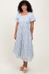 Light Blue Floral Print Ruffle Hem Midi Dress