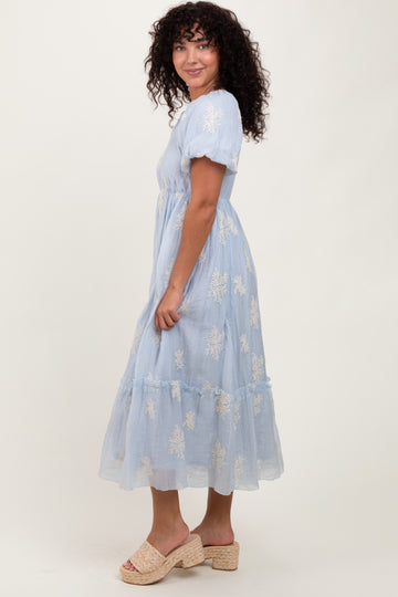 Light Blue Floral Print Ruffle Hem Midi Dress