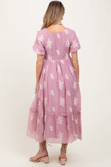 Mauve Floral Print Ruffle Hem Maternity Midi Dress