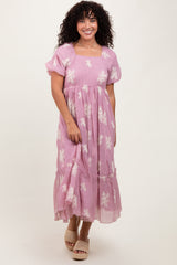Mauve Floral Print Ruffle Hem Maternity Midi Dress
