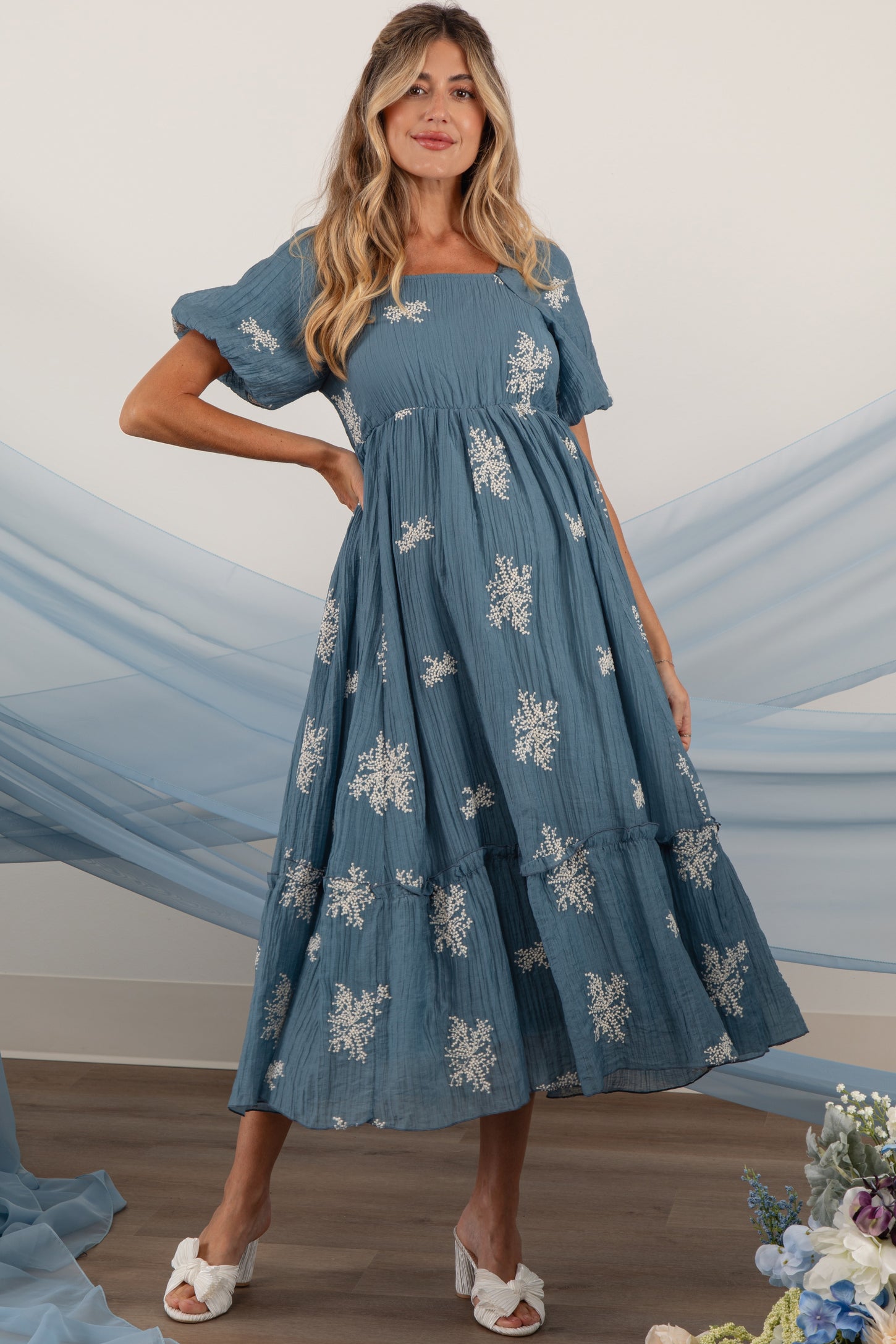 midi ruffle hem dress Mint Flutter Sleeve Maternity 5% spandex Stretch Plus Size Overlap Ruffle Hem