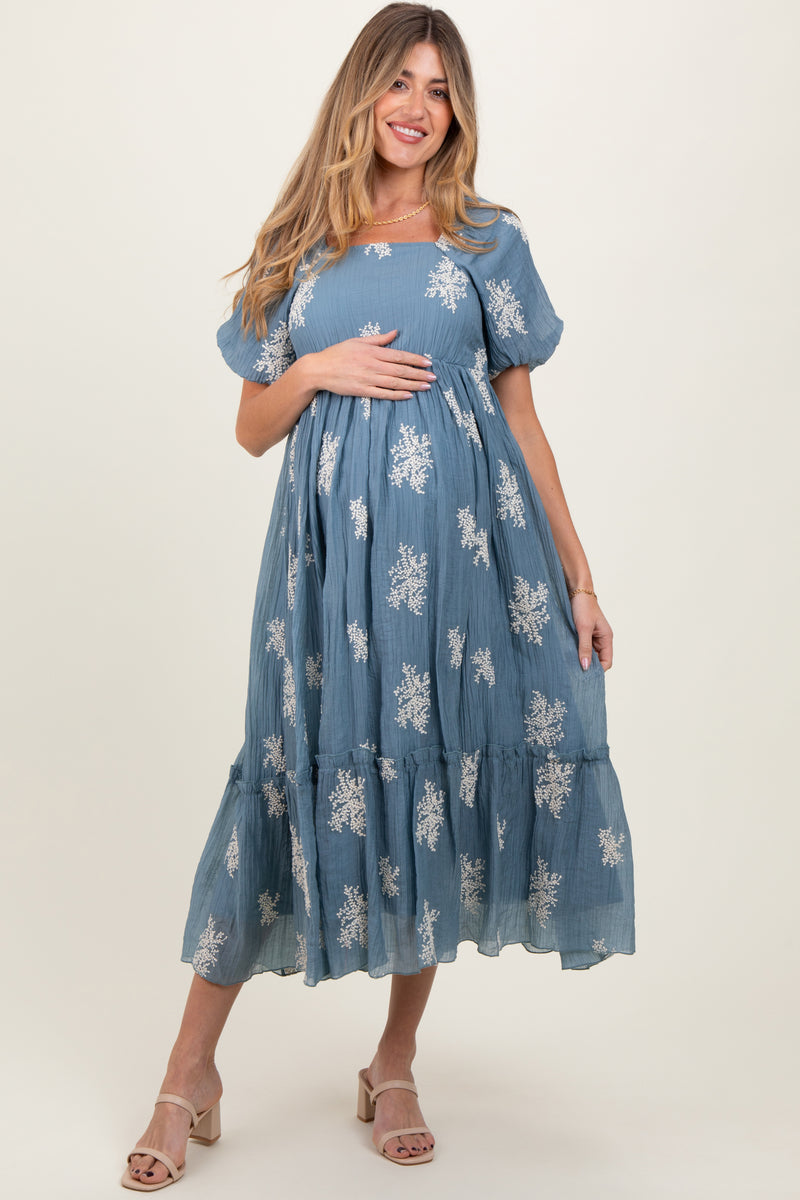Blue Floral Print Ruffle Hem Maternity Midi Dress – PinkBlush