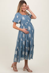 Blue Floral Print Ruffle Hem Maternity Midi Dress