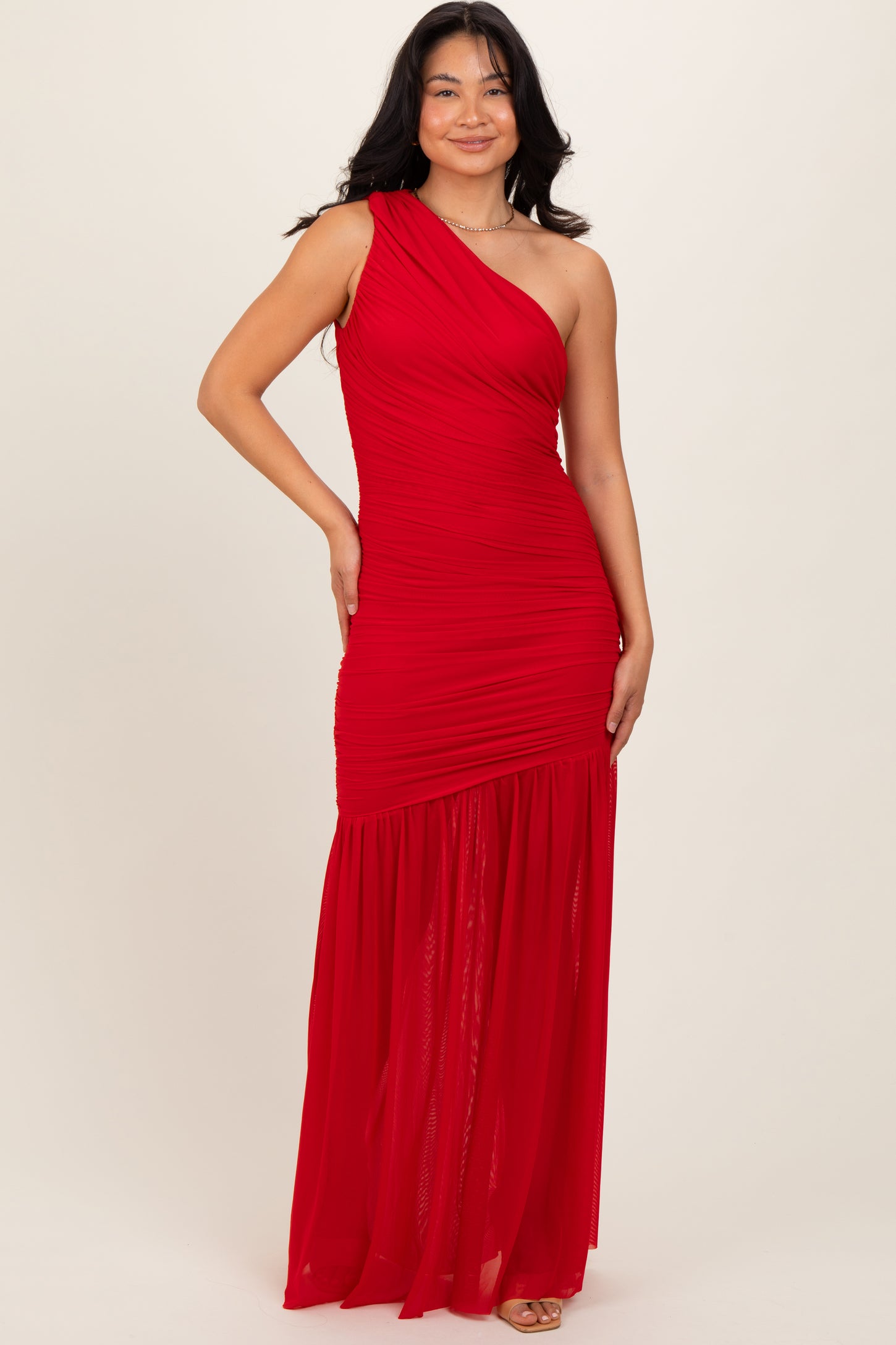 Red Ruched Mesh One Shoulder Maxi Dress – PinkBlush