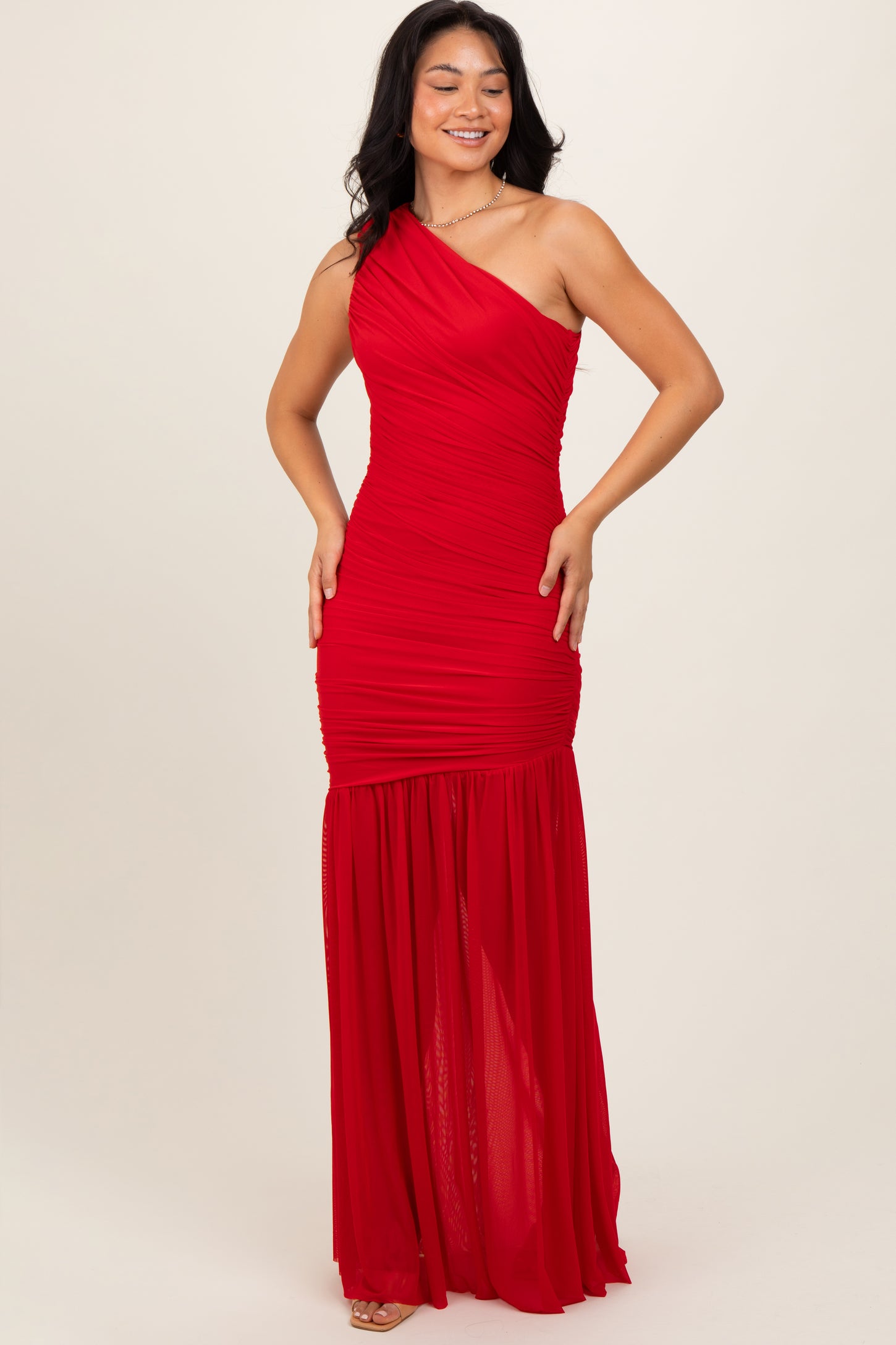 red ruched dress Annora Mesh Long Sleeve Midi Did someone say cutest girl Red Ruched Mesh One Shoulder