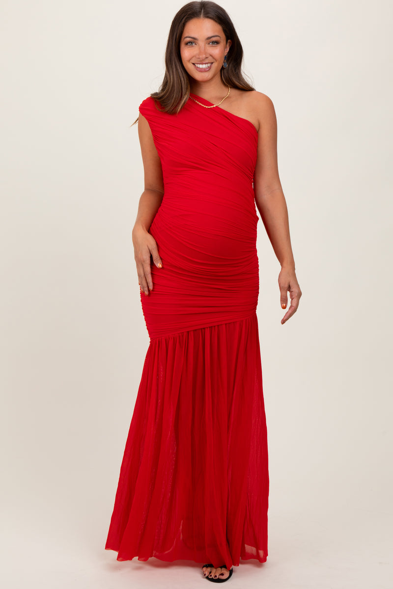 maternity one shoulder maxi dress Red Ruched Mesh One Shoulder Maternity Maxi Dress