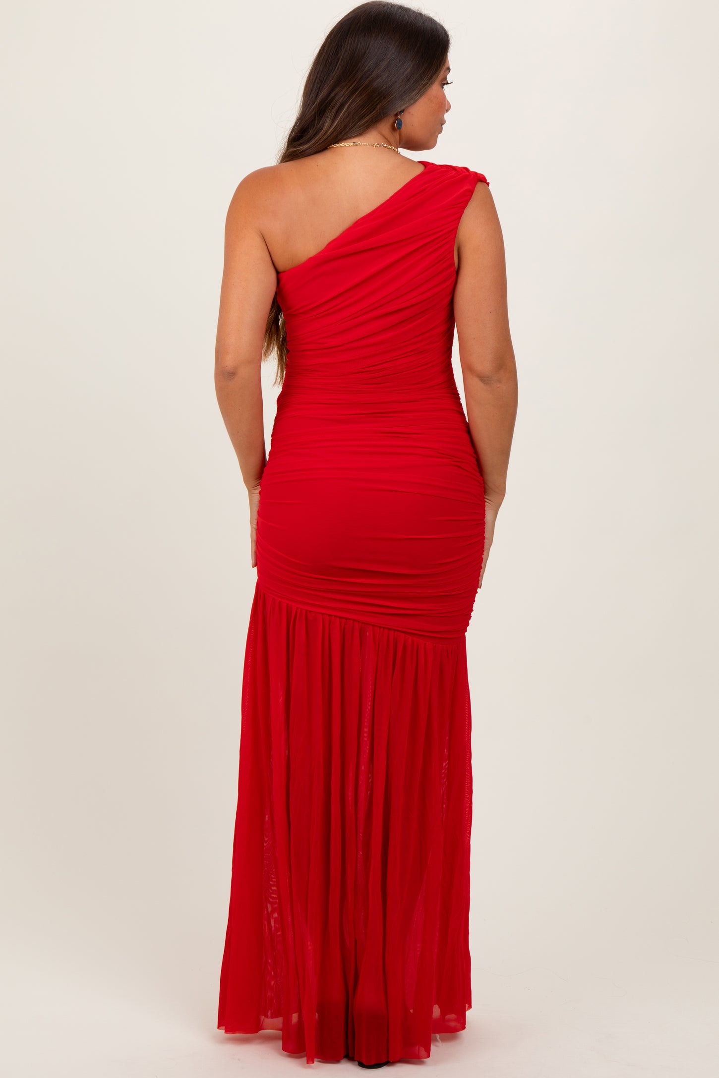 Red Ruched Mesh One Shoulder Maternity Maxi Dress PinkBlush Red Ruched Mesh One Shoulder Maternity Maxi Dress PinkBlush