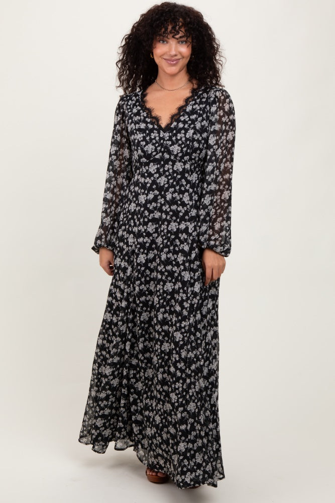 Black Floral Chiffon Lace Trim Back Tie Maternity Maxi Dress