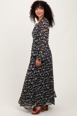 Black Floral Chiffon Lace Trim Back Tie Maxi Dress