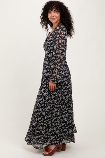 Black Floral Chiffon Lace Trim Back Tie Maxi Dress