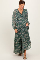 Green Floral Chiffon Lace Trim Back Tie Maternity Maxi Dress