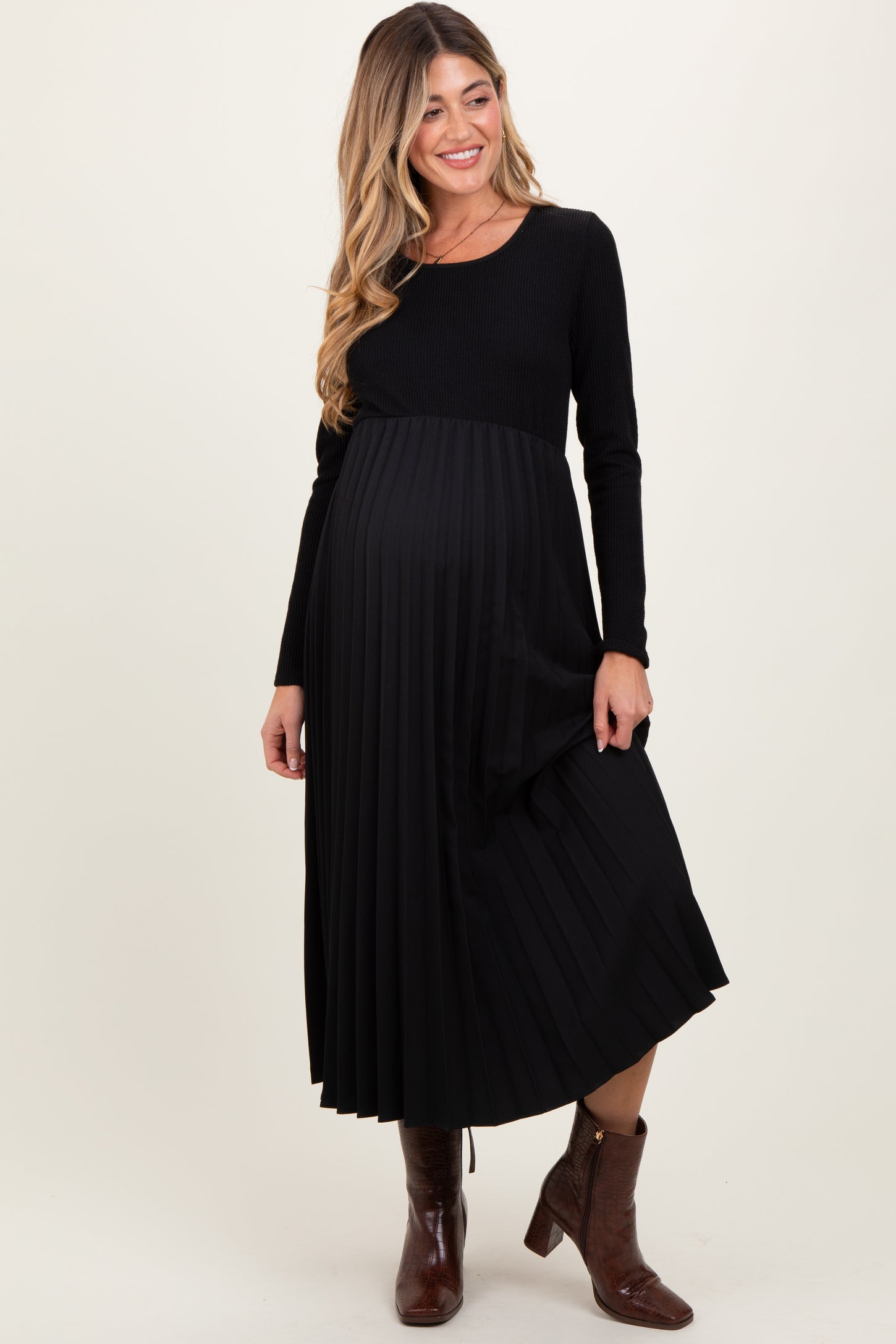 Black Knit Contrast Pleated Skirt Maternity Midi Dress PinkBlush Black Knit Contrast Pleated Skirt Maternity Midi Dress PinkBlush