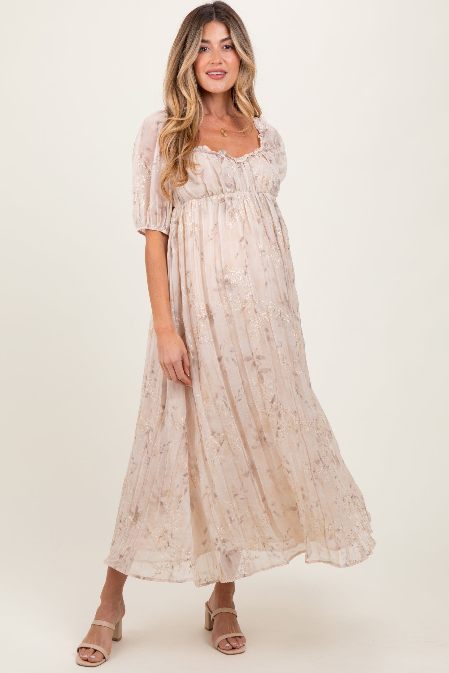 Cream Floral Chiffon Embroidered Ruffle Trim Maternity Maxi Dress Cream Floral Chiffon Embroidered Ruffle Trim Maternity Maxi Dress