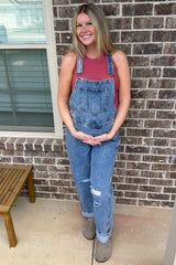 Blue Distressed Denim Maternity Overalls