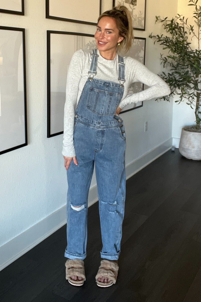 Blue Distressed Denim Maternity Overalls