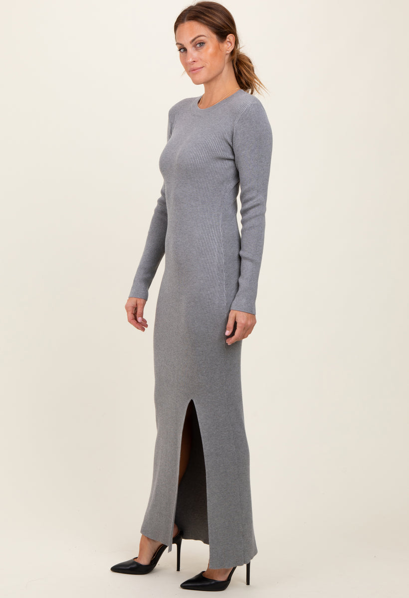 Heather Grey Ribbed Knit Long Sleeve Side Slit Maxi Dress – PinkBlush