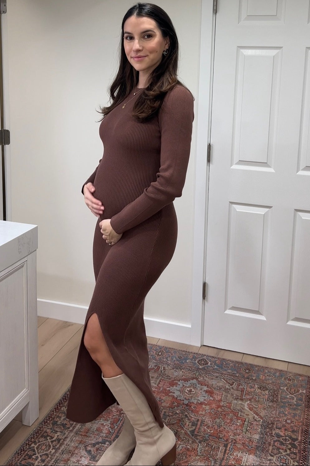 Mocha Ribbed Knit Long Sleeve Side Slit Maternity Maxi Dress