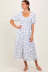 Blue Floral Smocked Bodice Maternity Midi Dress