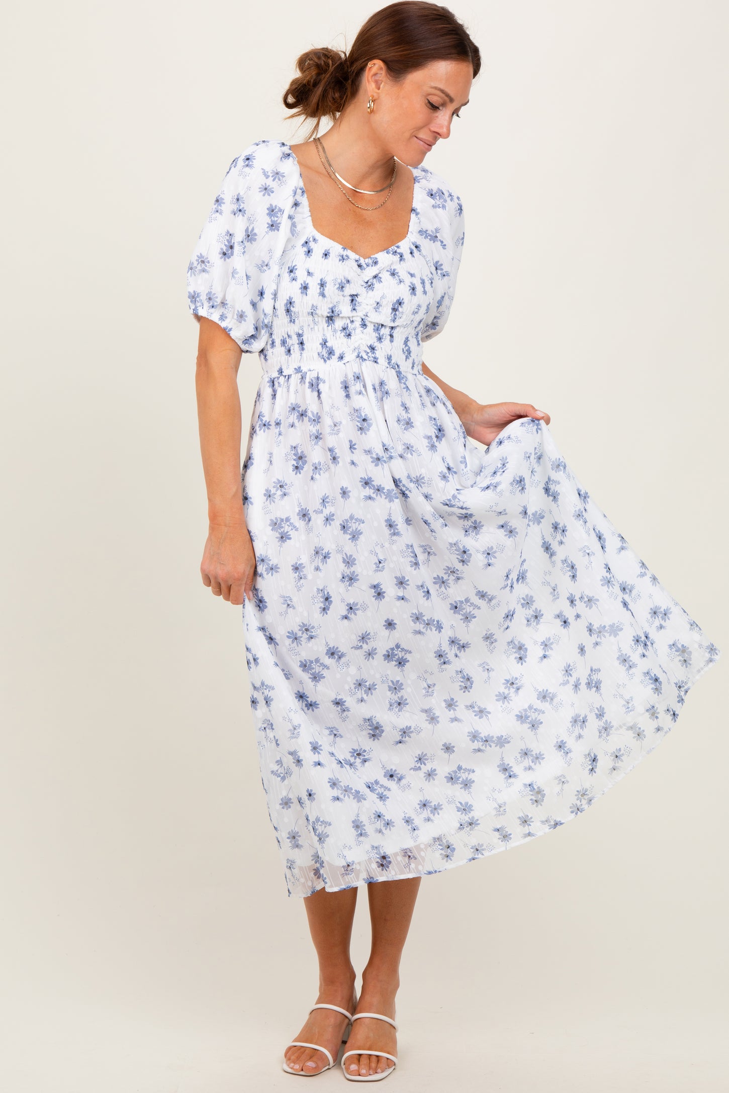 smocked bodice midi dress Blue Floral Smocked Bodice Midi Dress