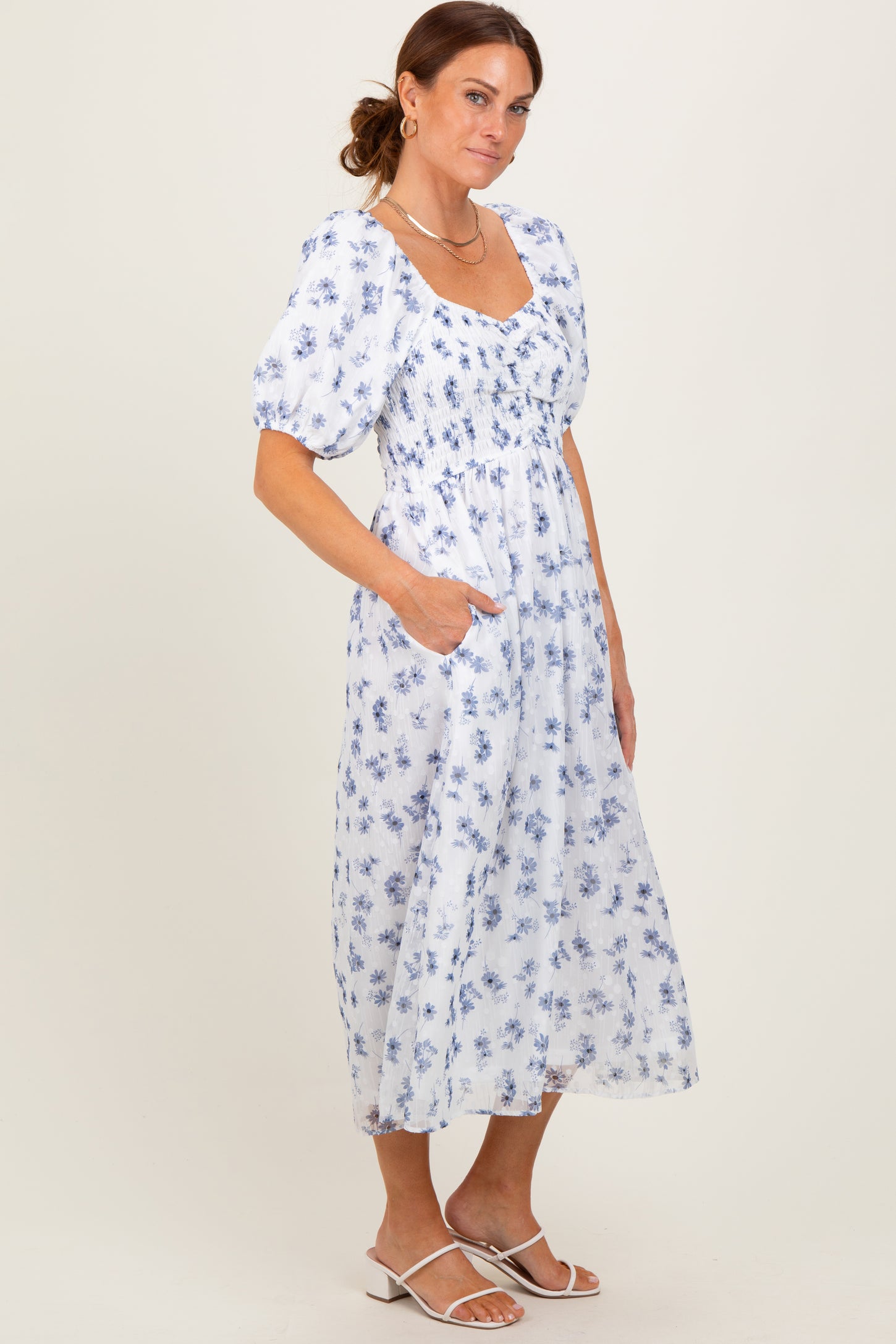 Blue Floral Smocked Bodice Midi Dress