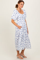 Blue Floral Smocked Bodice Midi Dress
