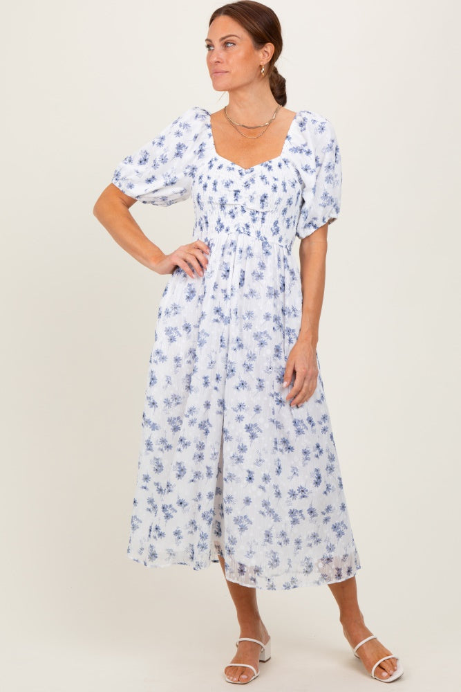Blue Floral Smocked Bodice Midi Dress