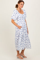 Blue Floral Smocked Bodice Midi Dress