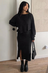 Charcoal Ribbed Knit Asymmetric Top Midi Skirt Set