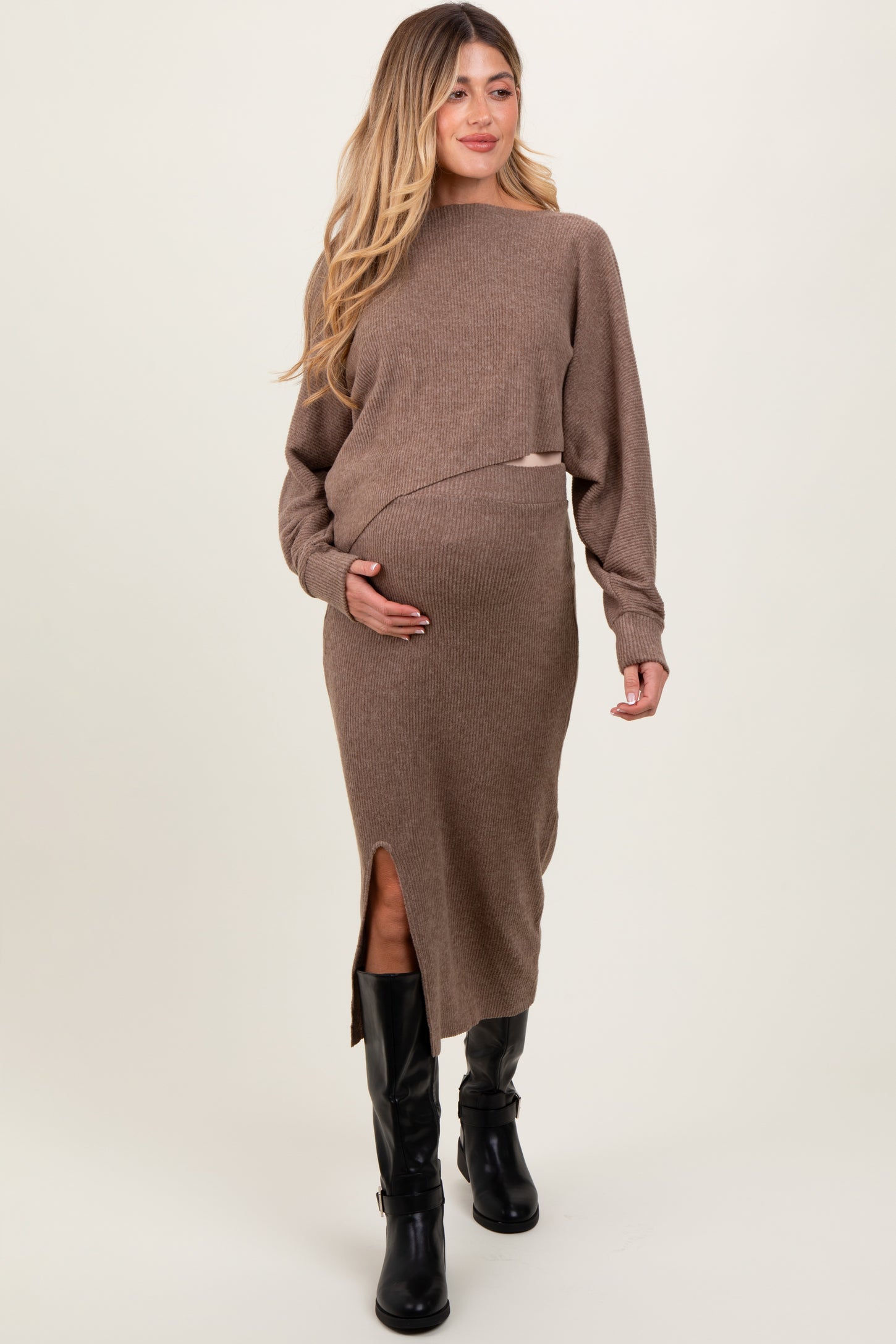 Mocha Ribbed Knit Asymmetric Top Midi Skirt Maternity Set