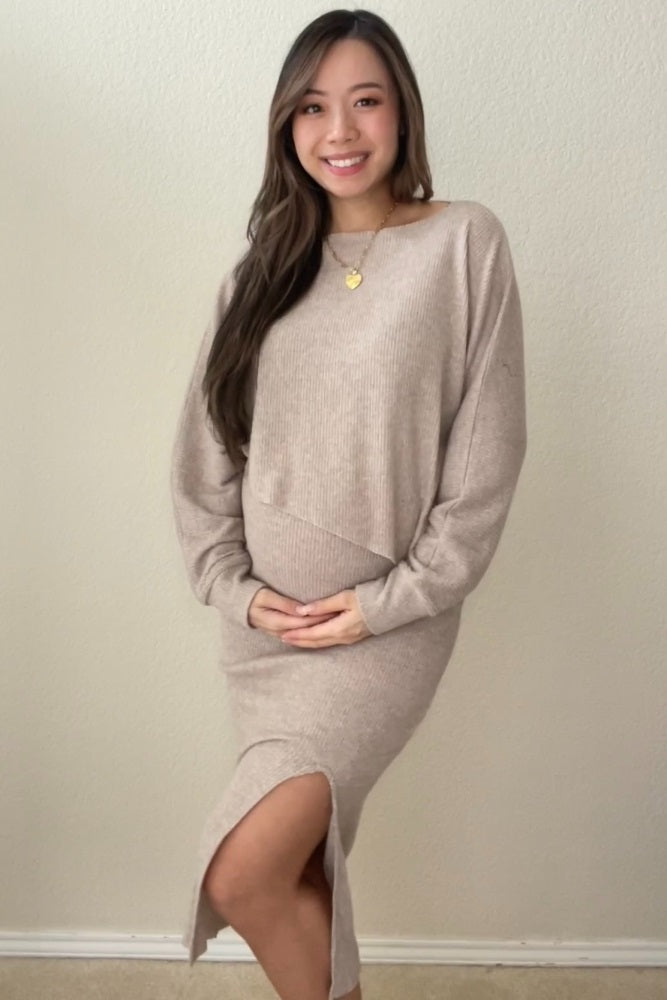 Beige Ribbed Knit Asymmetric Top Midi Skirt Maternity Set