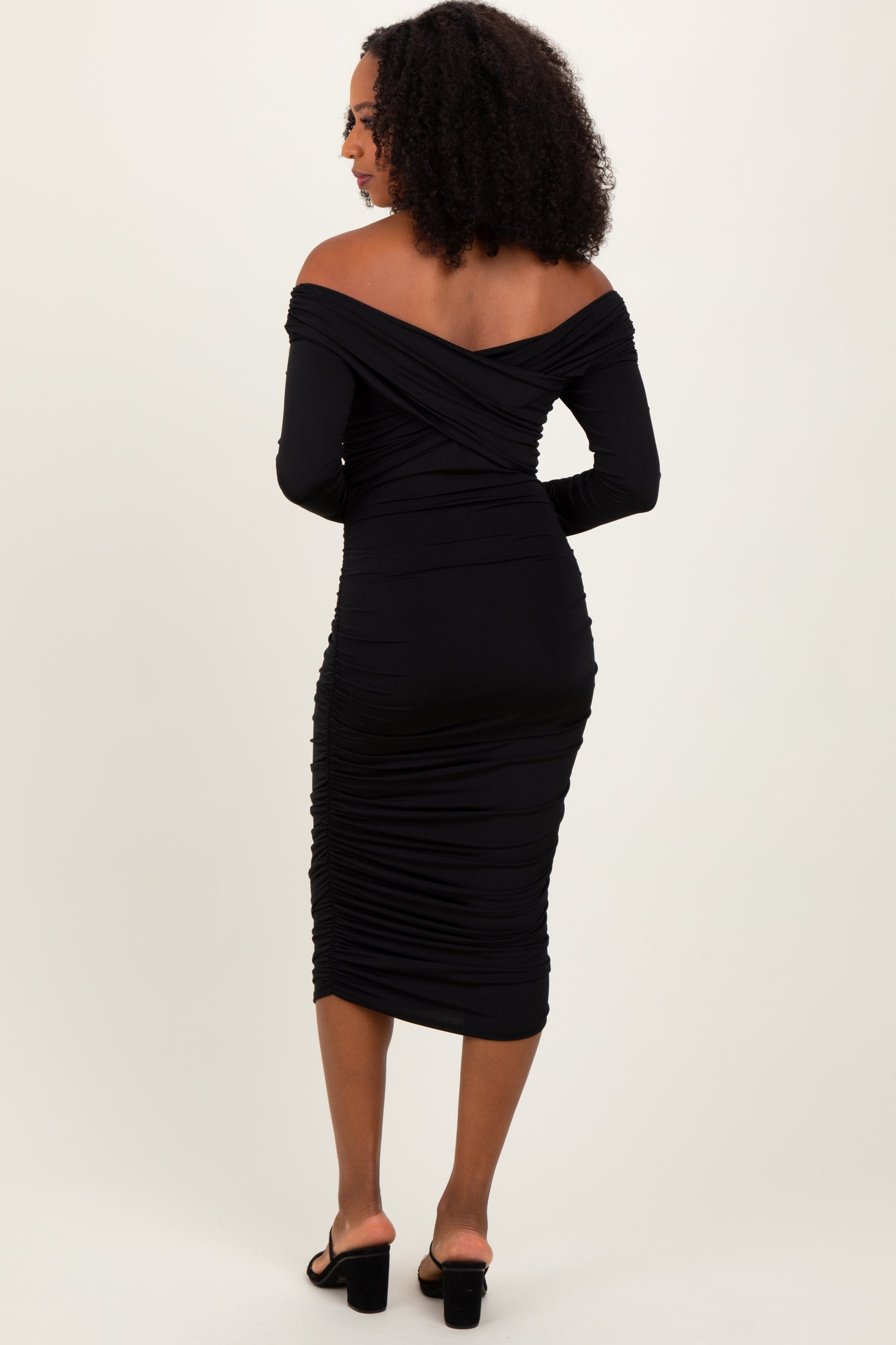 Black Off Shoulder Ruched Long Sleeve Midi Dress PinkBlush Black Off Shoulder Ruched Long Sleeve Midi Dress PinkBlush