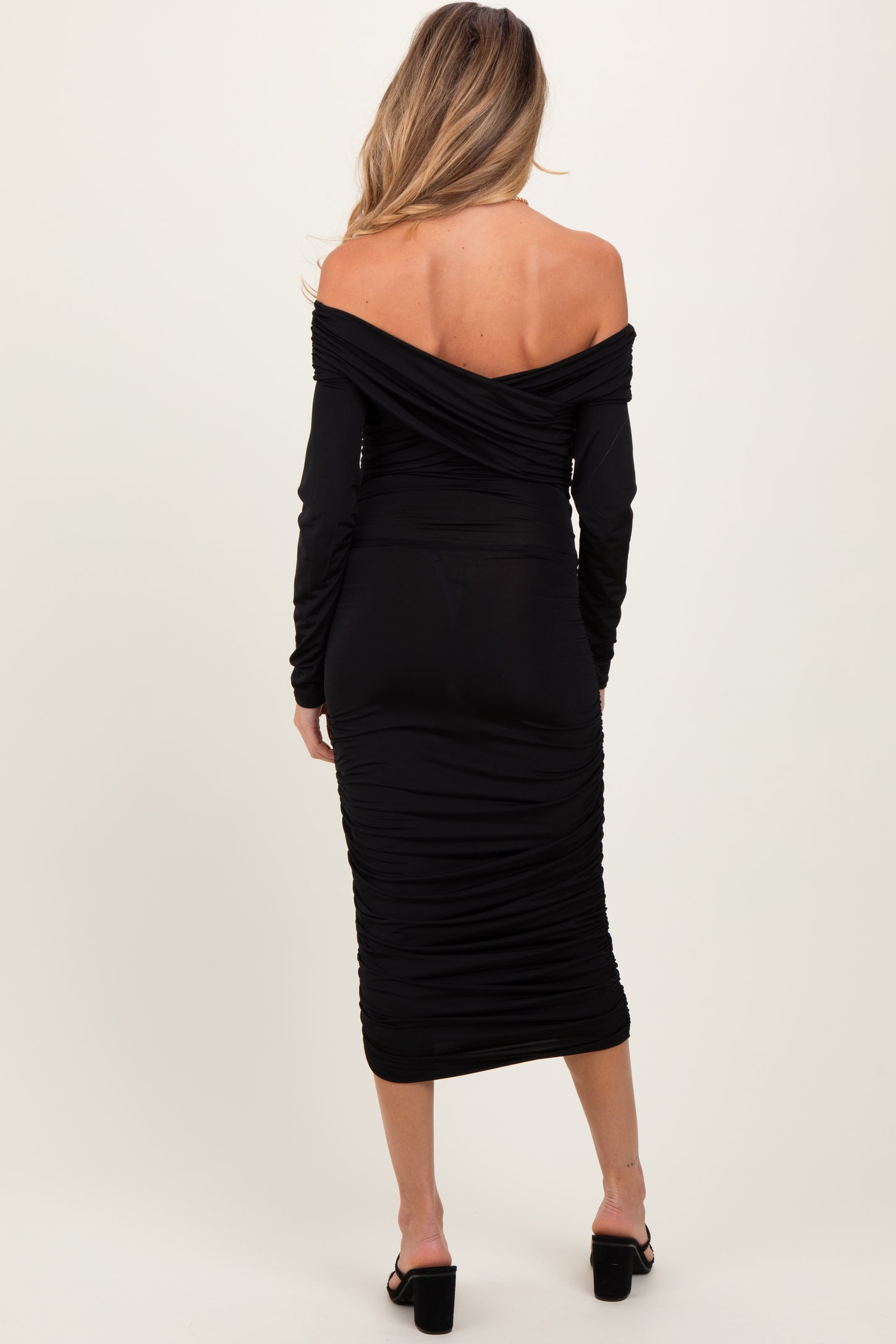 Black Off Shoulder Ruched Long Sleeve Maternity Midi Dress PinkBlush Black Off Shoulder Ruched Long Sleeve Maternity Midi Dress PinkBlush