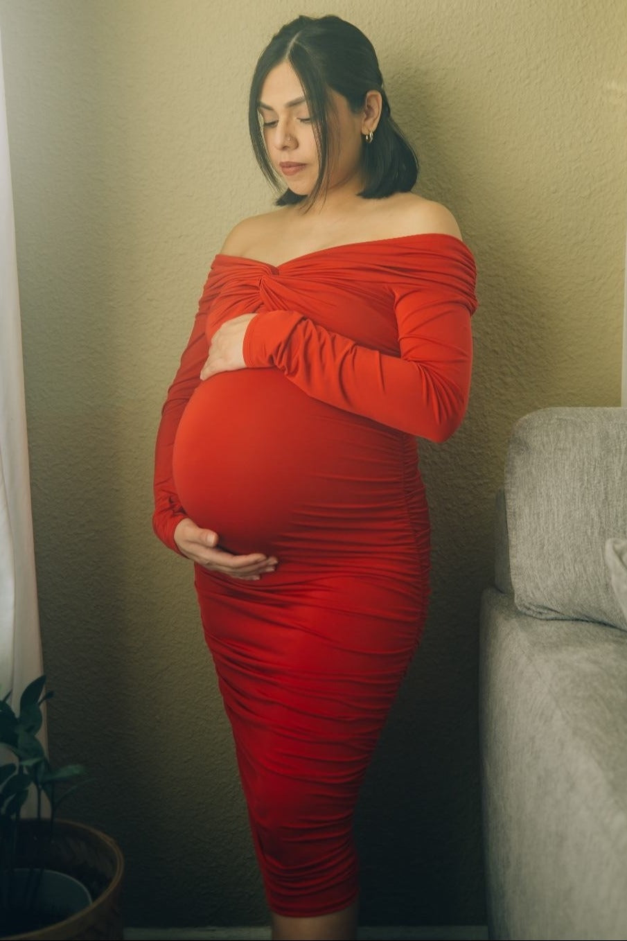red off shoulder maternity dress Ruched Long Sleeve Midi Tahari Men's Slim Fit a maxi length Primary color:Burnt Sienna beach chic