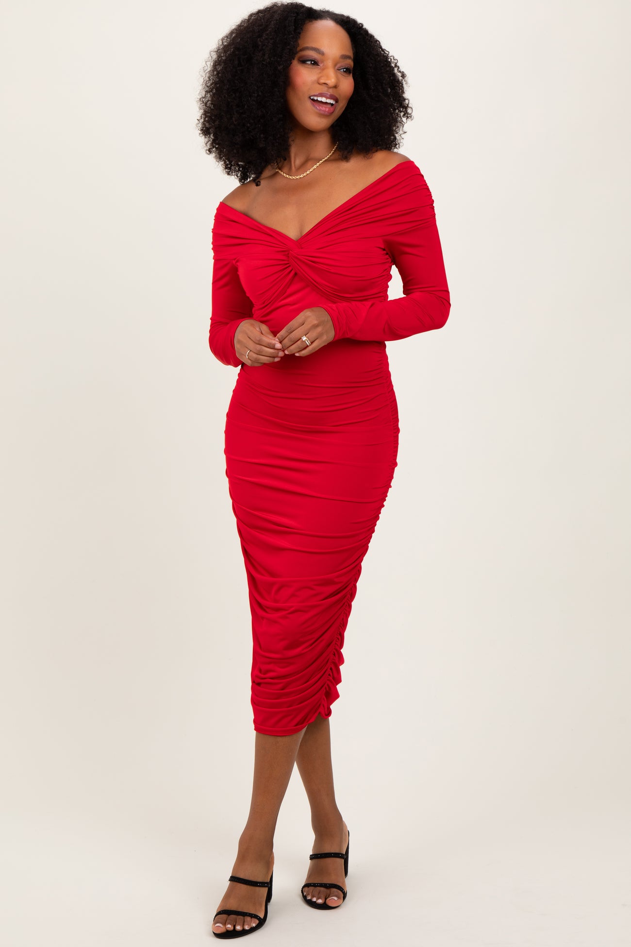 Red Off Shoulder Ruched Long Sleeve Maternity Midi Dress – PinkBlush