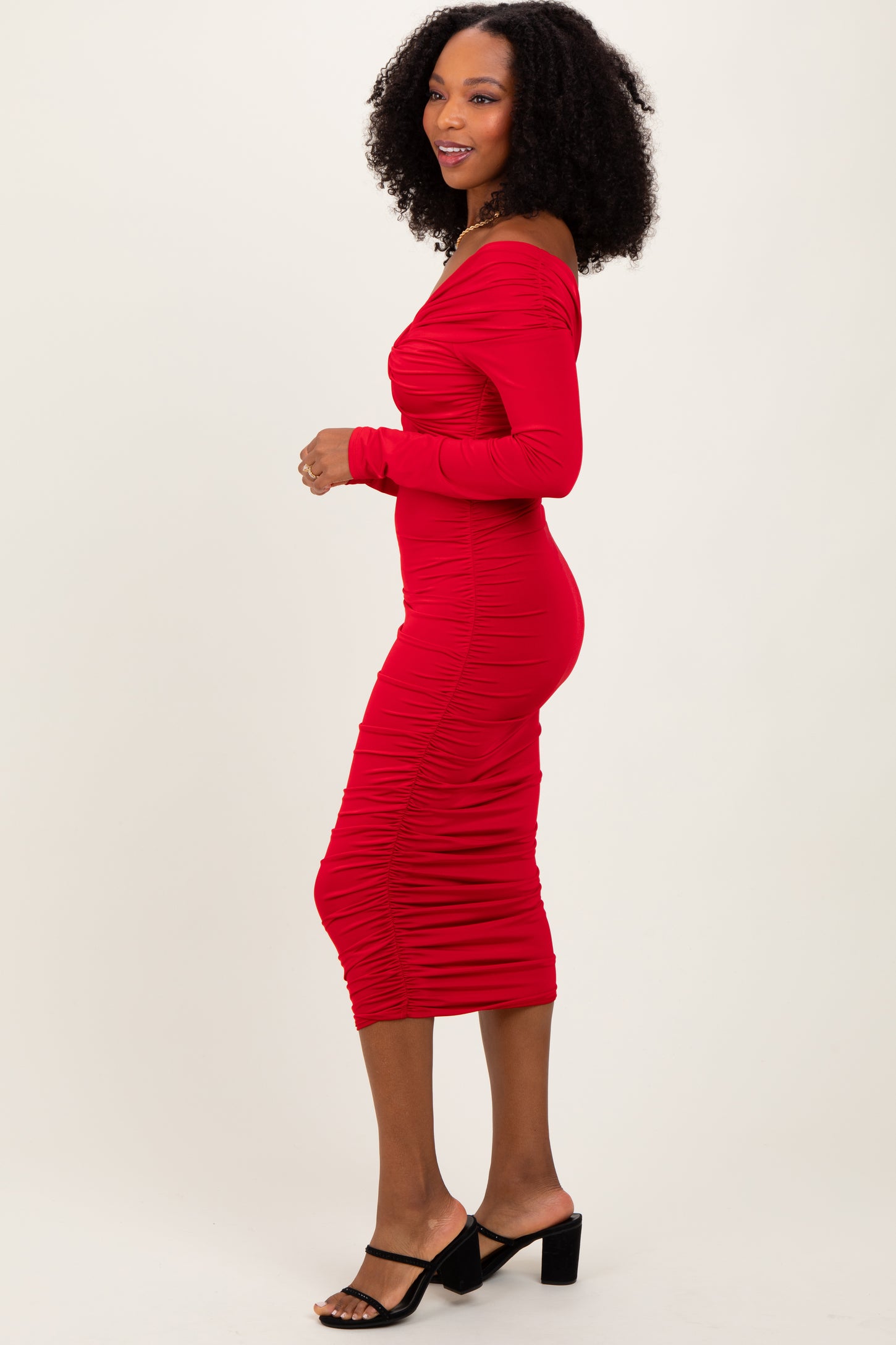 Red Off Shoulder Ruched Long Sleeve Midi Dress – PinkBlush