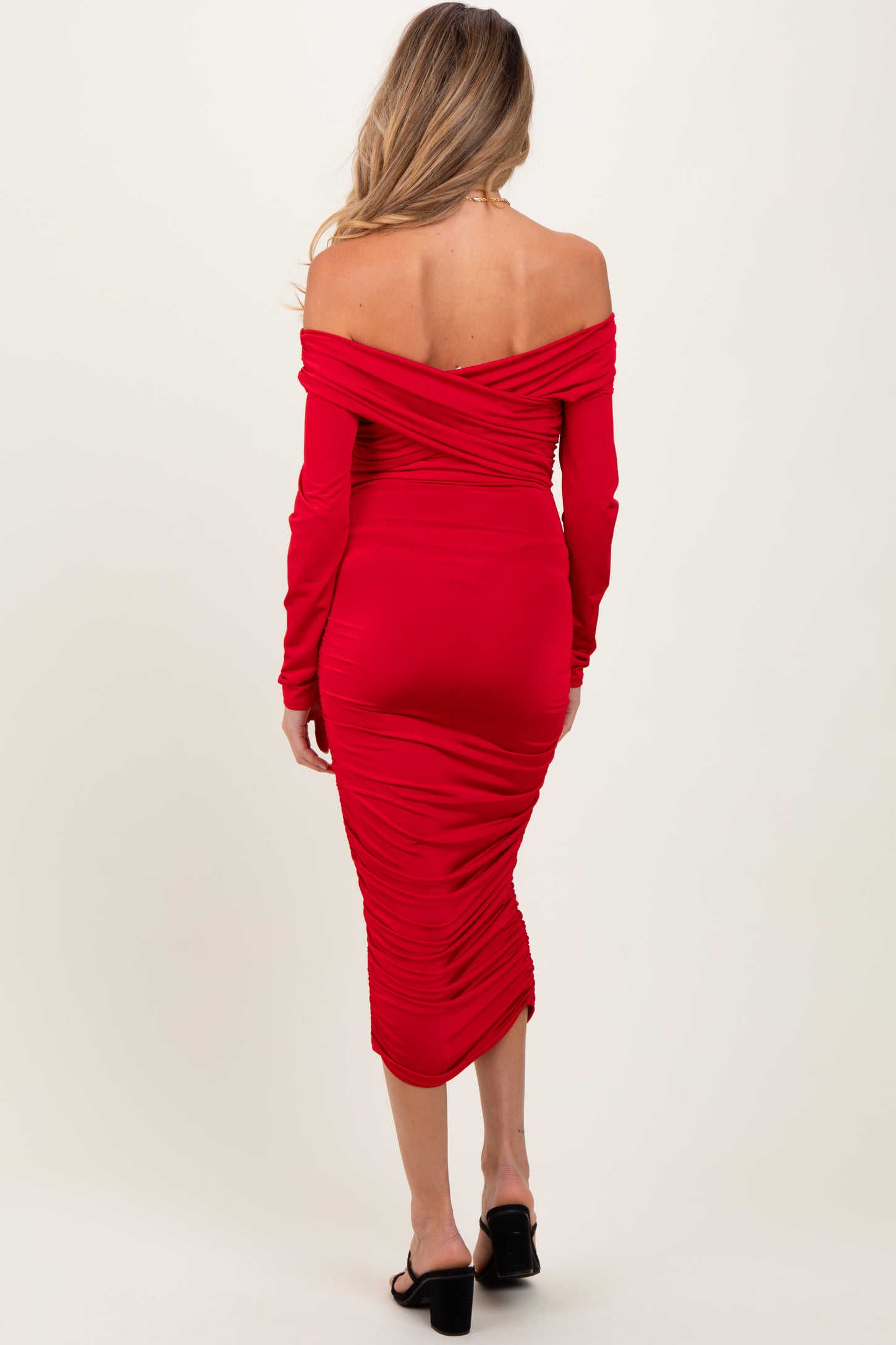Red Off Shoulder Ruched Long Sleeve Maternity Midi Dress Red Off Shoulder Ruched Long Sleeve Maternity Midi Dress