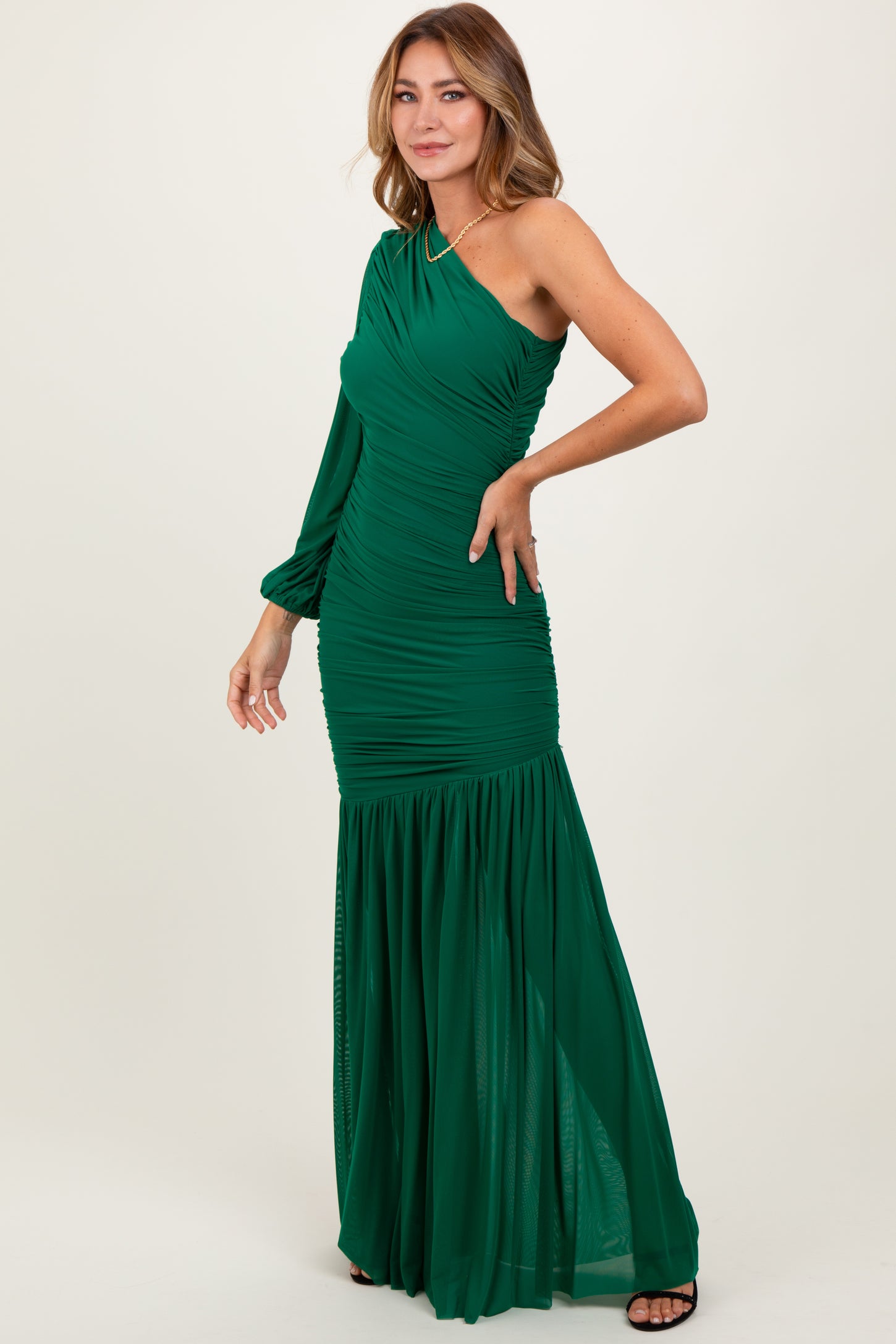 Forest Green Ruched Mesh One Shoulder Asymmetric Maxi Dress PinkBlush Forest Green Ruched Mesh One Shoulder Asymmetric Maxi Dress PinkBlush