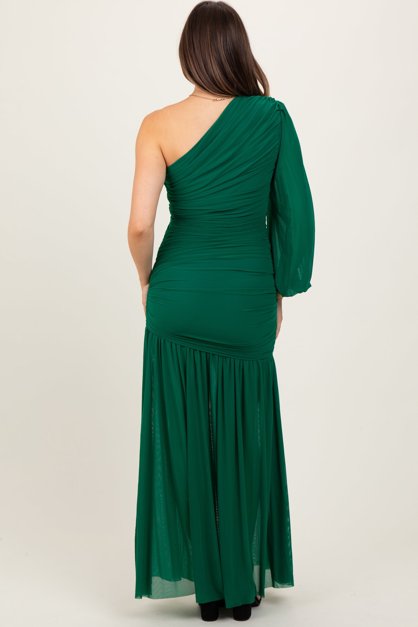 Forest Green Ruched Mesh One Shoulder Asymmetric Maternity Maxi Dress