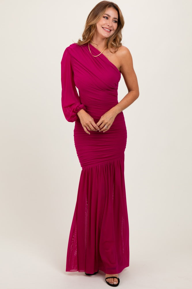 magenta one shoulder dress Purple Gown - One-Shoulder Gown - Mermaid Maxi The Thea Magenta Pink One Women's One Shoulder Ruched Satin