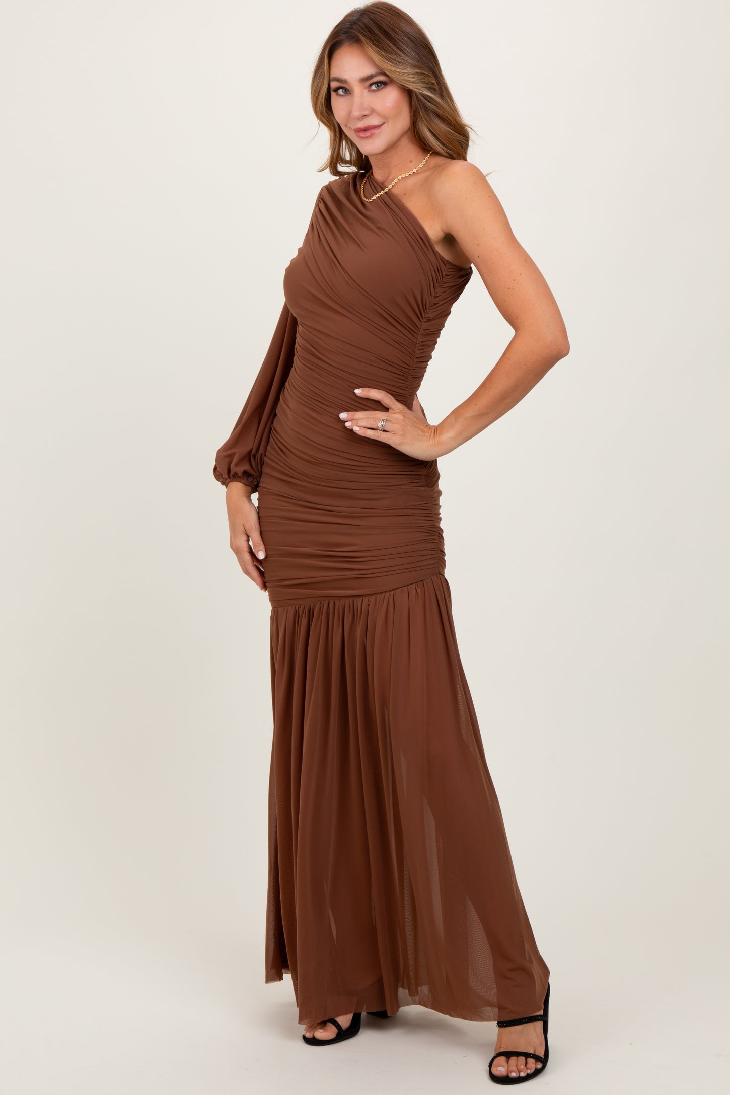 Mocha Ruched Mesh One Shoulder Asymmetric Maxi Dress