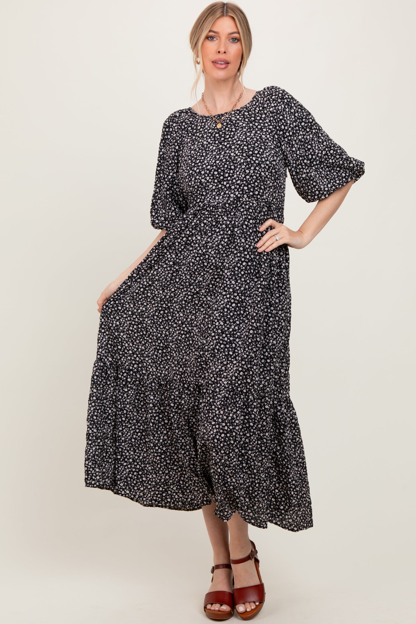 Black Floral Puffed Short Sleeve Maternity Maxi Dress