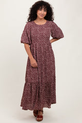 Burgundy Floral Puffed Short Sleeve Maternity Maxi Dress